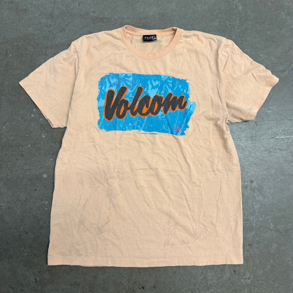 Volcom Mens Graphic T-Shirt Peach Orange Blue Tropical Palm Tree Logo Large‎